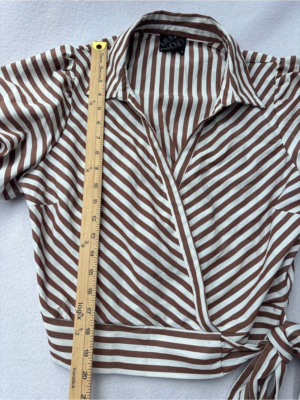 Striped Wrap Tie Blouse in Brown & White - Picture 4 of 8